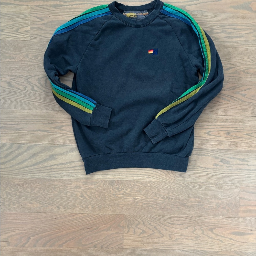 Aviator Nation Dark Blue Sweater with Colorful Stripes